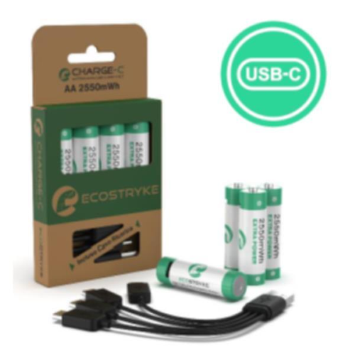 ECOSTRIKE BATTERIE RICARICABILI AL LITIO AA STILO 1.5 V 1.700 mAh RICARICA TRAMITE PORTA USB-C DIRETTAMENTE SULLA BATTERIA CONF 4 Pz.